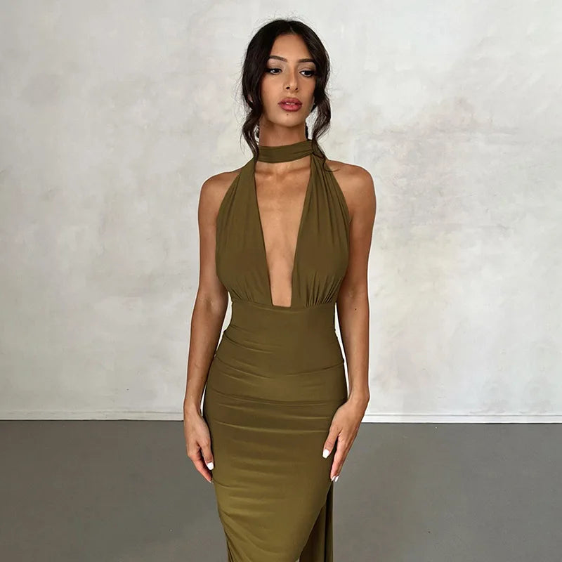 Deep V Bandage Backless Party Midi Dress