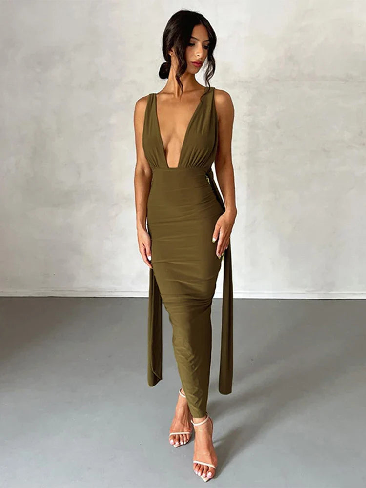 Deep V Bandage Backless Party Midi Dress