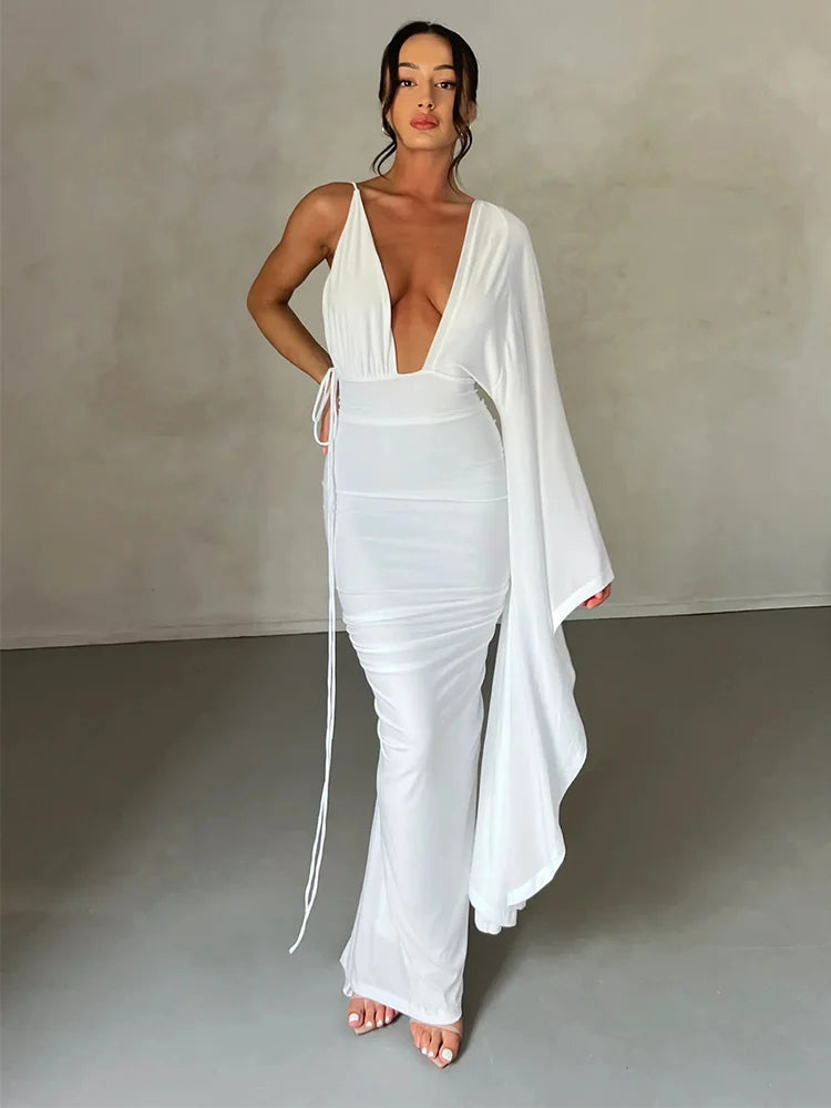 One Shoulder Chic V Neck Backless Summer Maxi Dress
