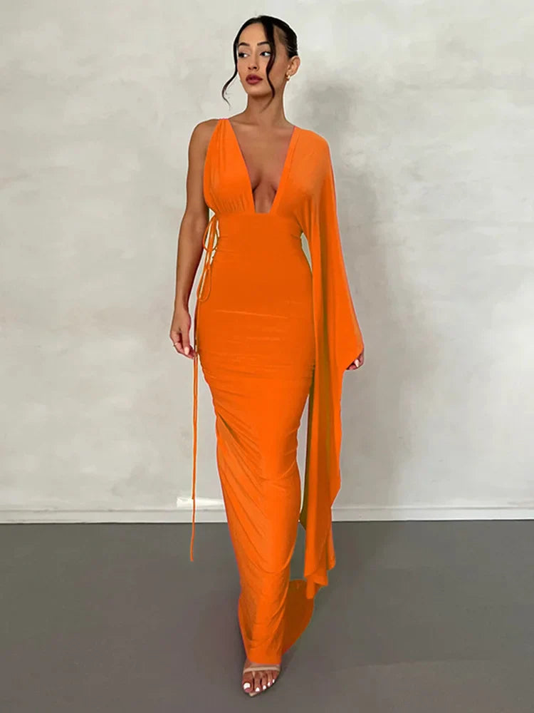 One Shoulder Chic V Neck Backless Summer Maxi Dress