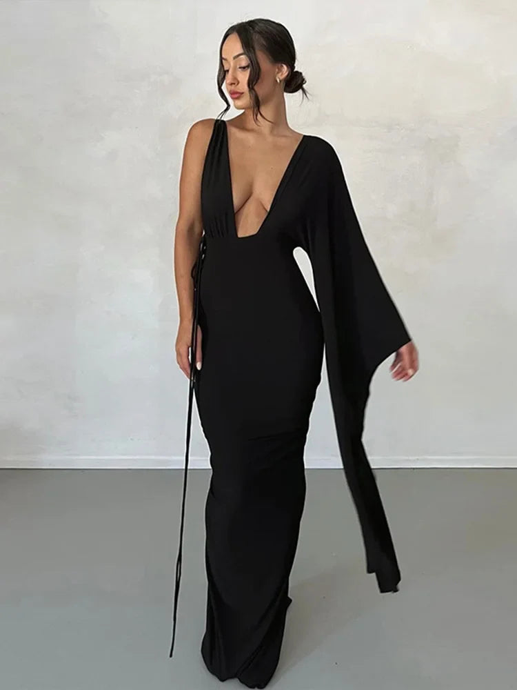 One Shoulder Chic V Neck Backless Summer Maxi Dress
