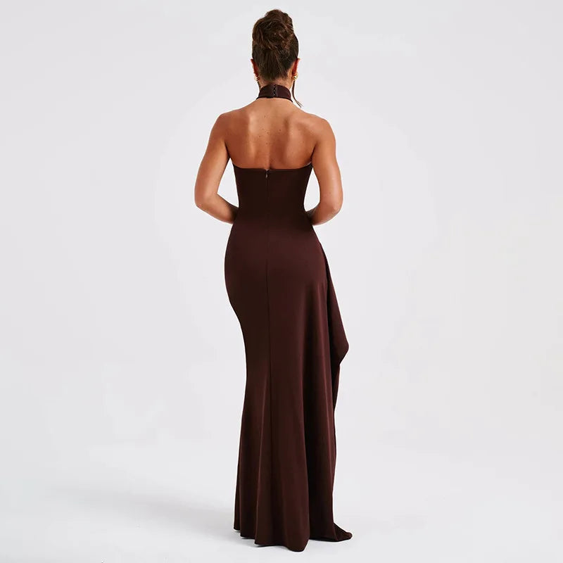Asymmetrical Halter High Split Backless Spring Summer Maxi Dress