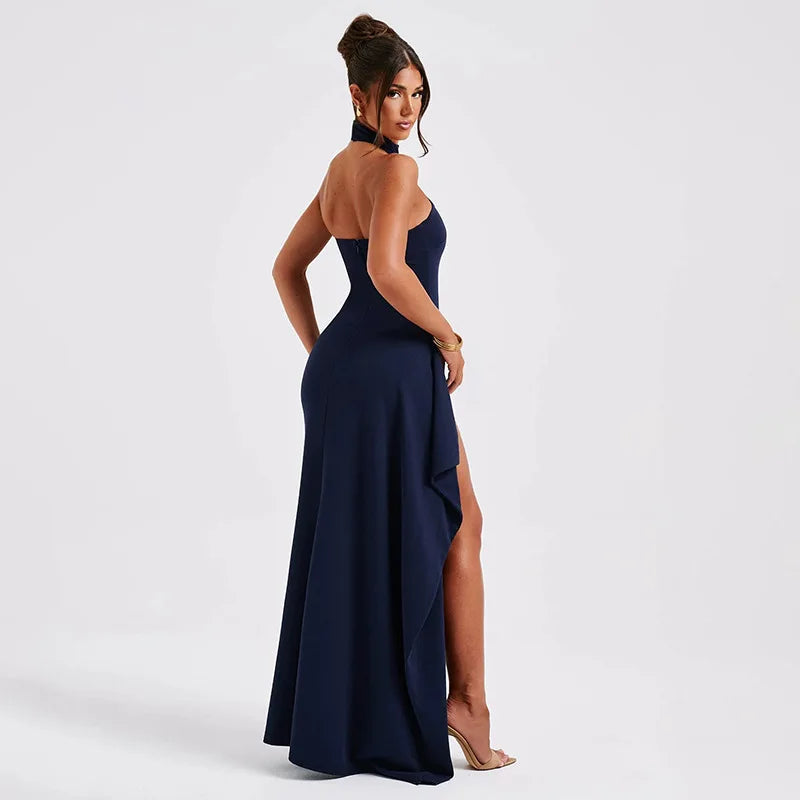 Asymmetrical Halter High Split Backless Spring Summer Maxi Dress