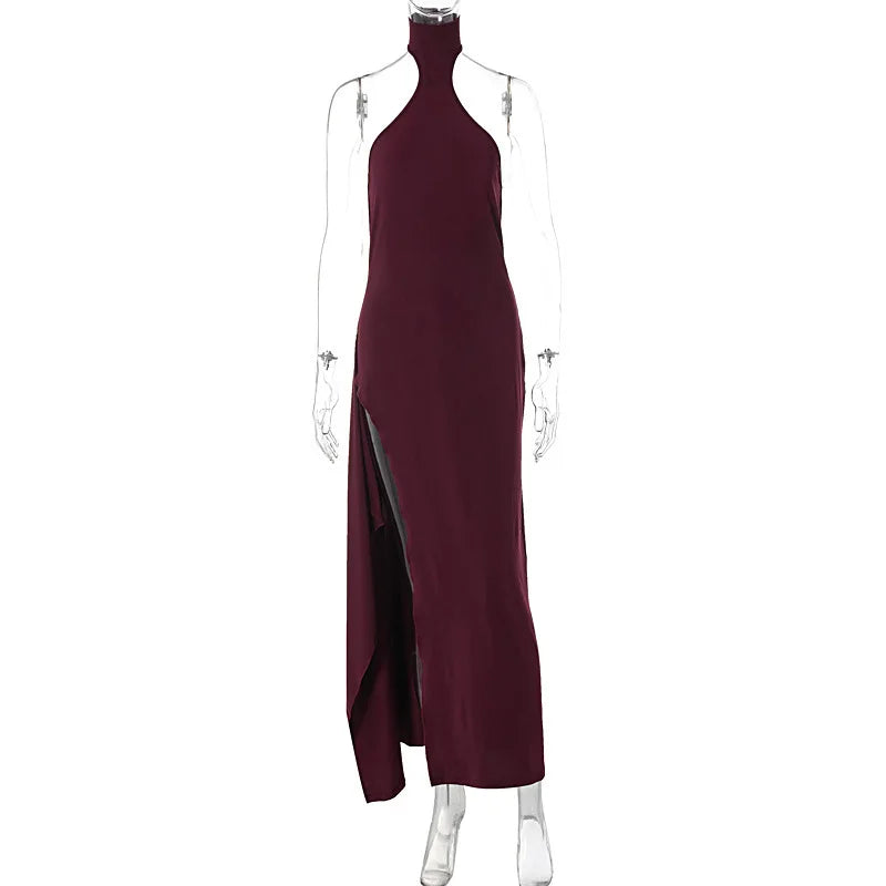 Asymmetrical Halter High Split Backless Spring Summer Maxi Dress
