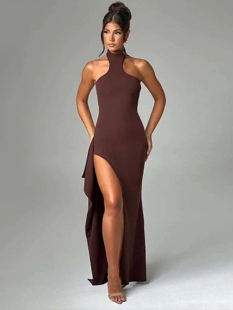 Asymmetrical Halter High Split Backless Spring Summer Maxi Dress