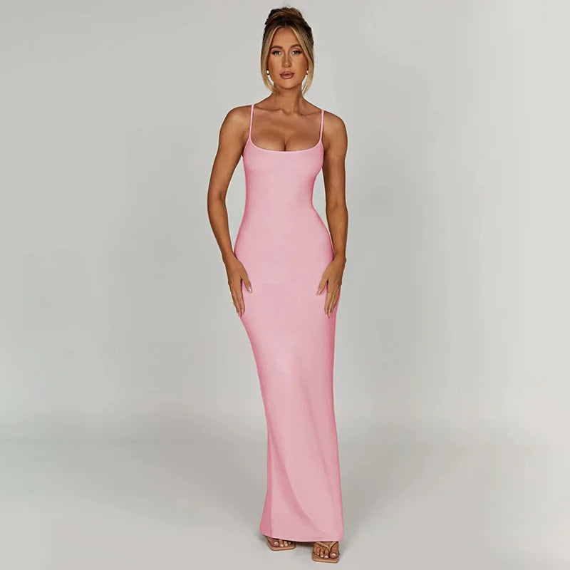 Spaghetti Strap Backless Slim Bodycon Summer Maxi Dress