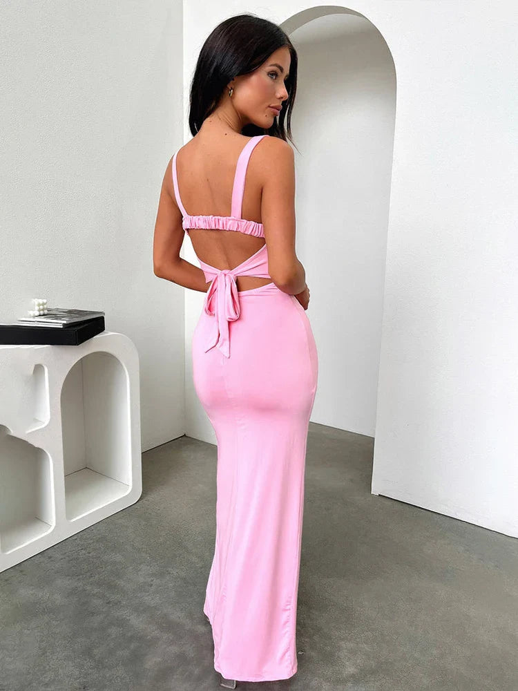 Spaghetti Strap High Split Backless Spring Summer Maxi Dress