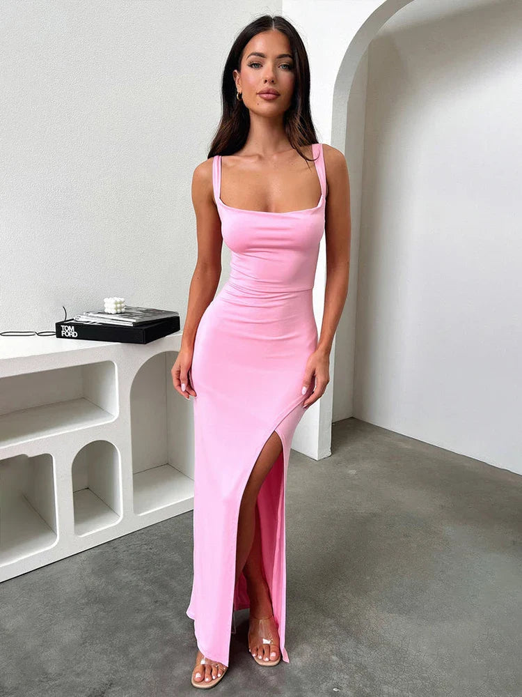 Spaghetti Strap High Split Backless Spring Summer Maxi Dress
