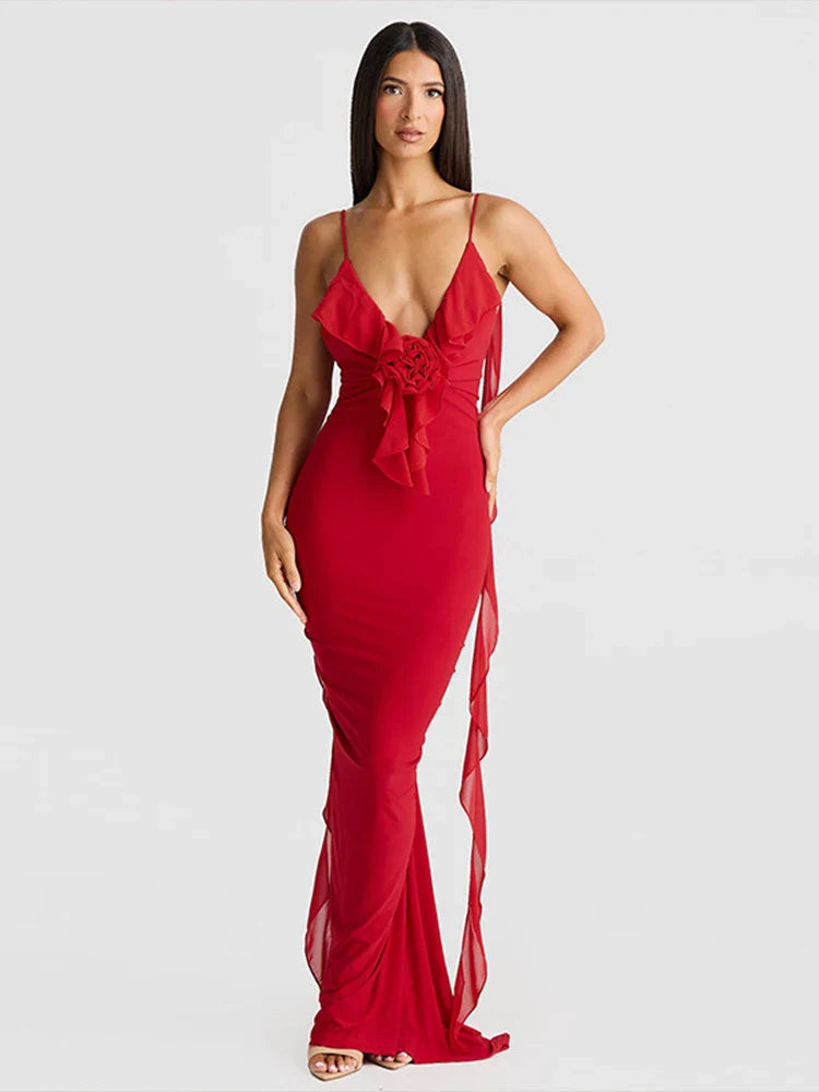 Mermaid Spaghetti Strap Backless V Neck Spring Summer Maxi Dress