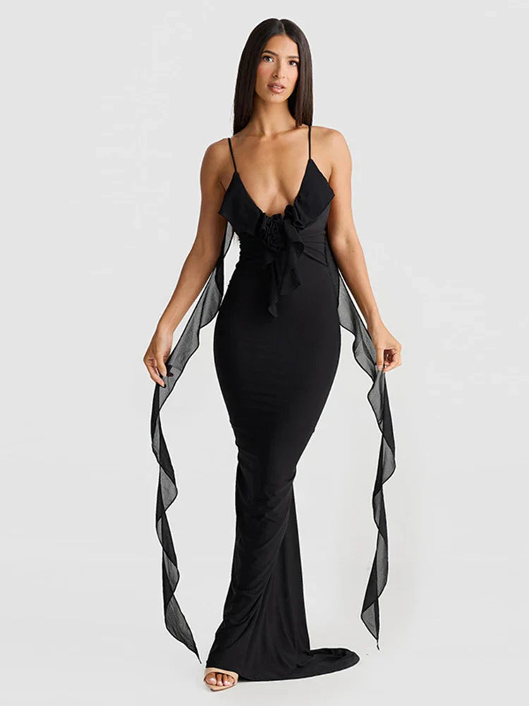 Mermaid Spaghetti Strap Backless V Neck Spring Summer Maxi Dress