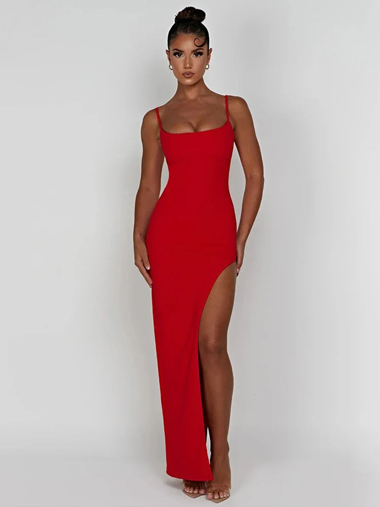 Slim Bodycon Spaghetti Strap High Split Maxi Dress