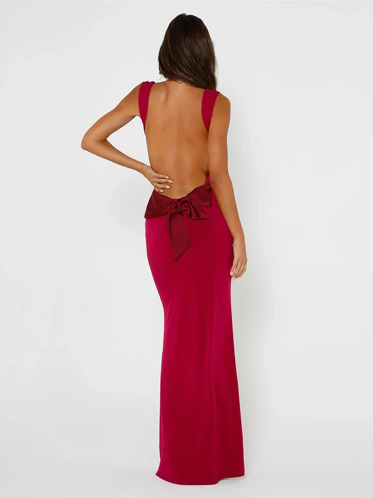 Slim Bodycon Spaghetti Strap Bow Backless Summer Maxi Dress
