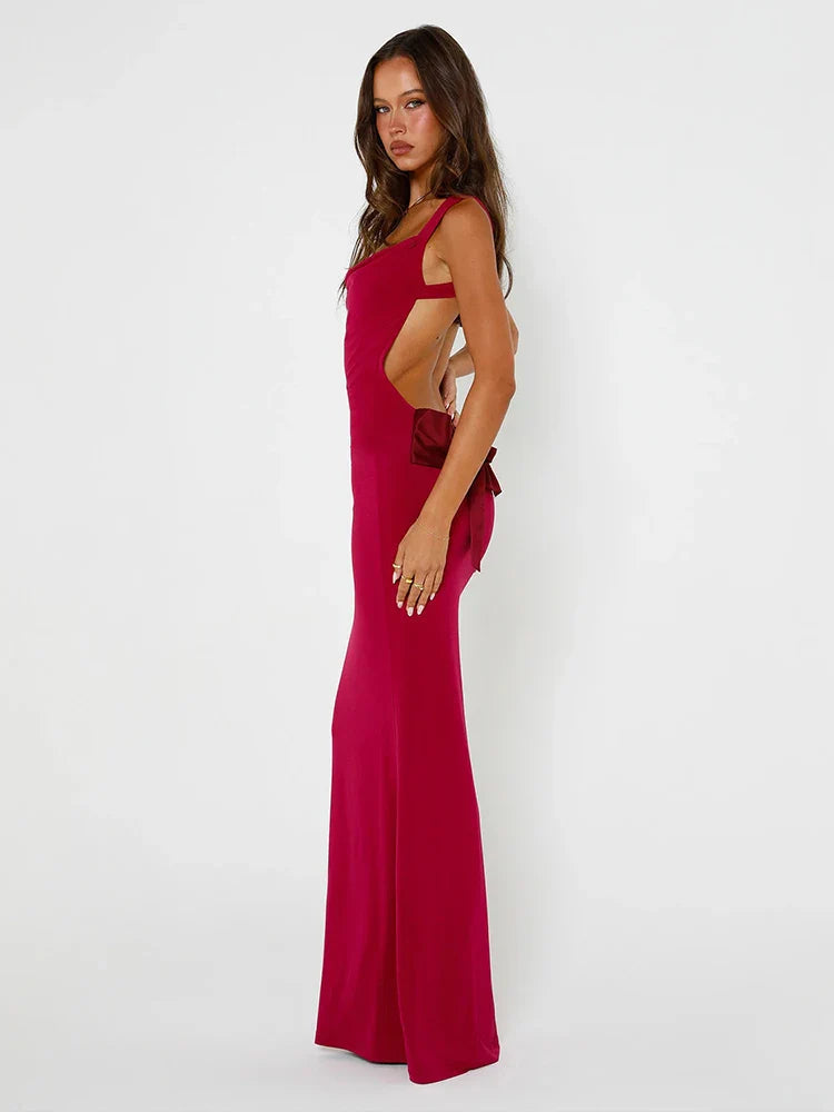 Slim Bodycon Spaghetti Strap Bow Backless Summer Maxi Dress