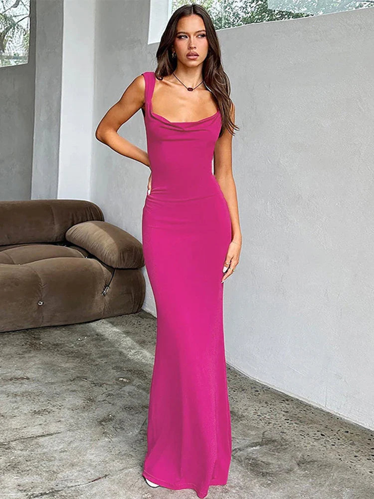 Slim Bodycon Spaghetti Strap Bow Backless Summer Maxi Dress