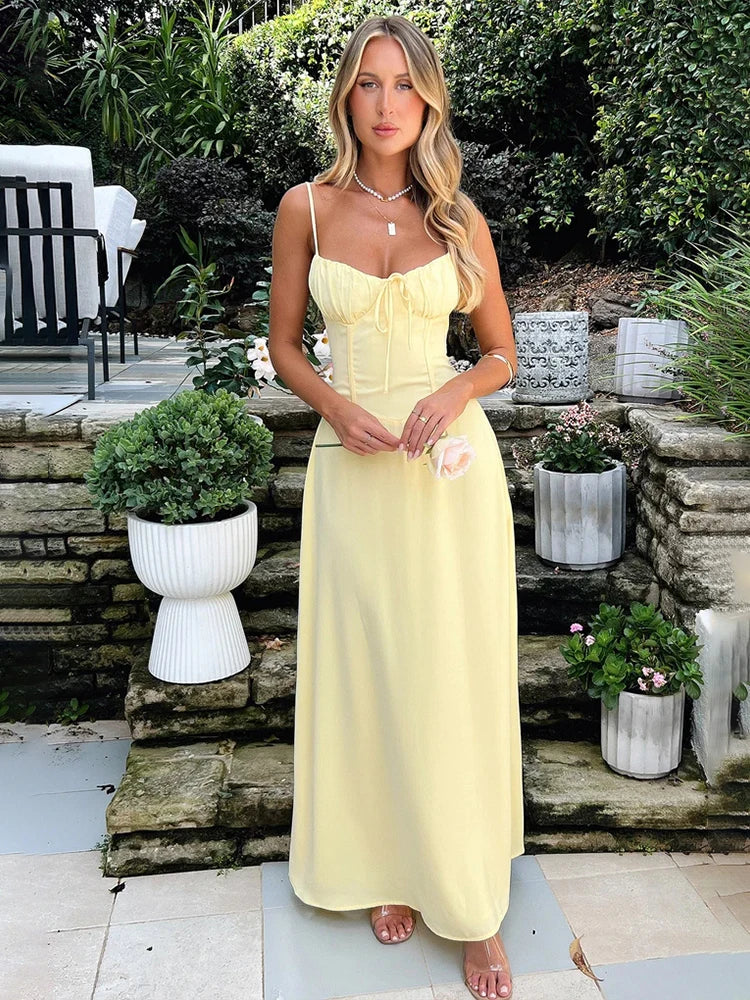 Waist Wrap A-line Spaghetti Strap Backless Spring Summer Maxi Dress