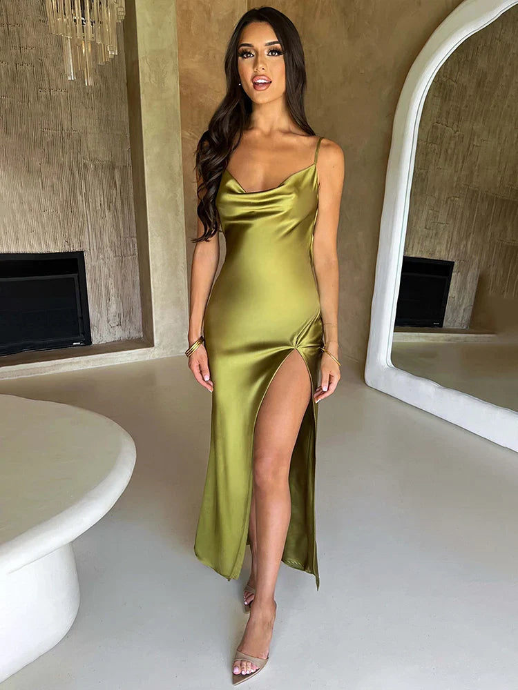 High Split Backless Slim Strap Midi Dress