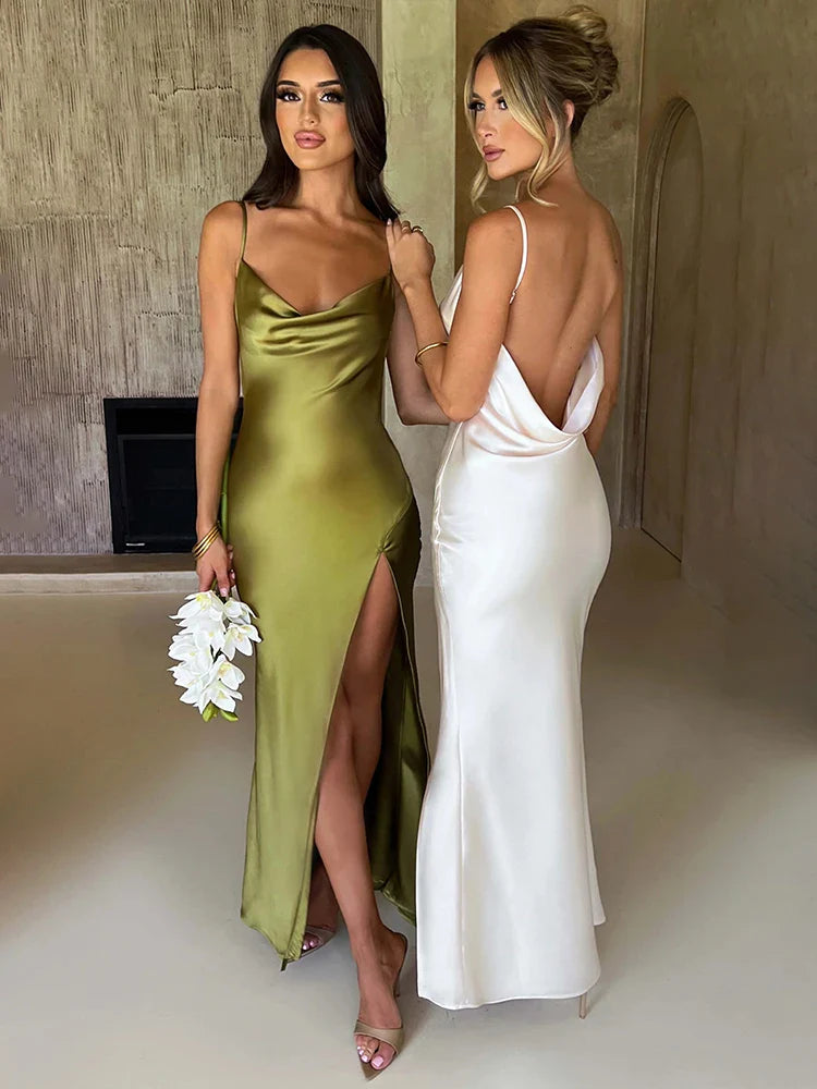 High Split Backless Slim Strap Midi Dress