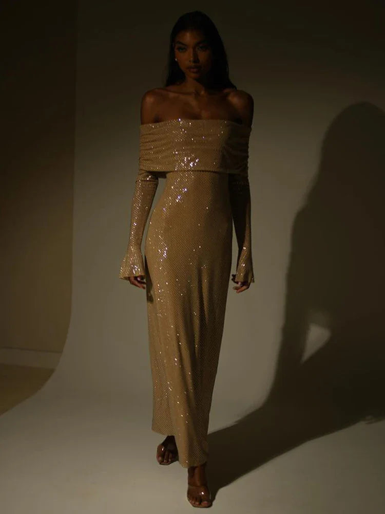 Off Shoulder Sparkle Glitter Nightclub Maxi Dress