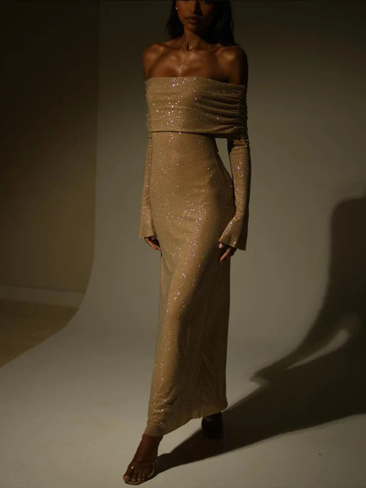 Off Shoulder Sparkle Glitter Nightclub Maxi Dress
