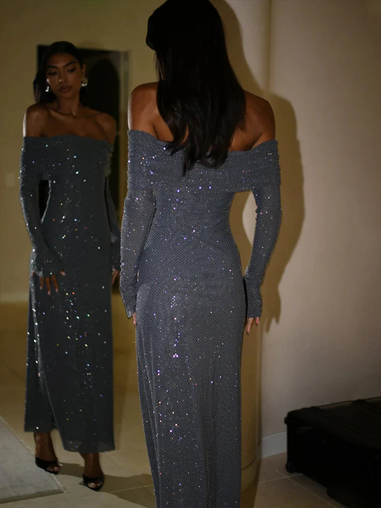 Off Shoulder Sparkle Glitter Nightclub Maxi Dress