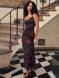 Split Print Spaghetti Strap Slim Bodycon Summer Maxi Dress