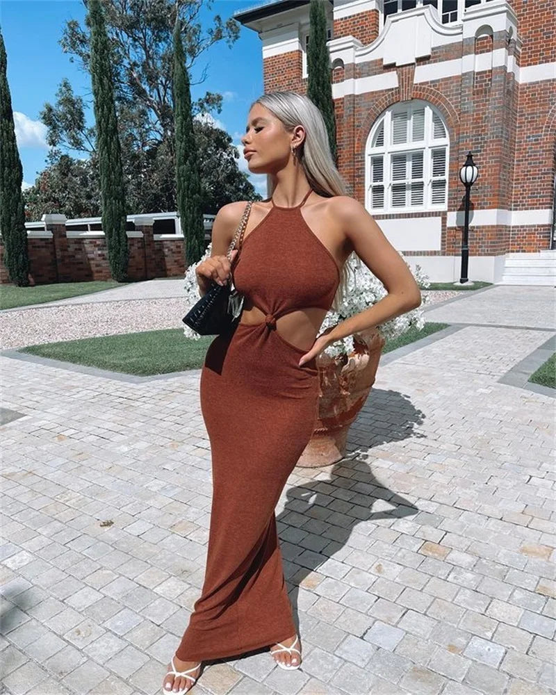 Knitted Halter Backless Slim Bodycon Midi Dress