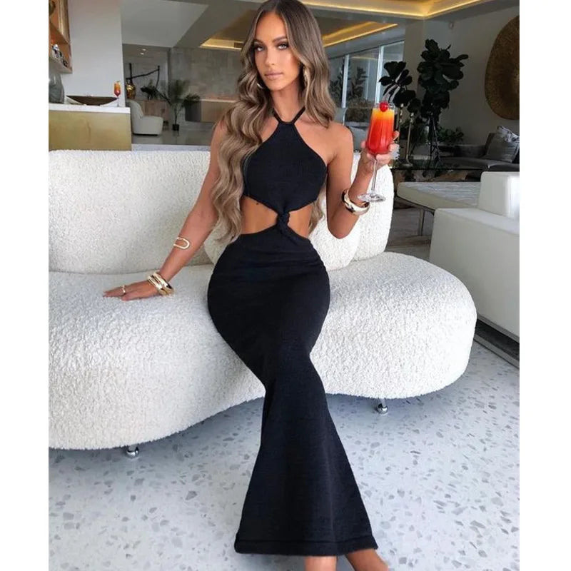 Knitted Halter Backless Slim Bodycon Midi Dress