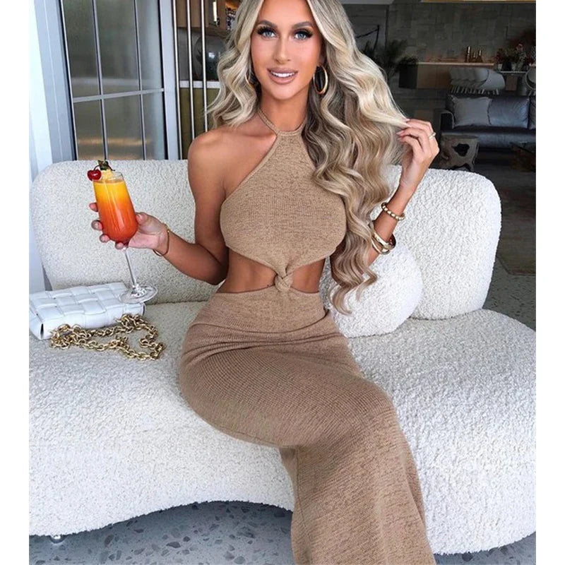 Knitted Halter Backless Slim Bodycon Midi Dress
