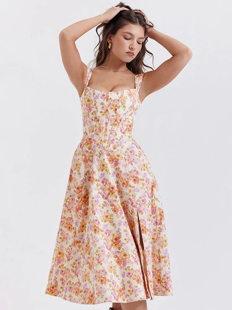 Split Printed A Line Strap Elegant Midi Dress