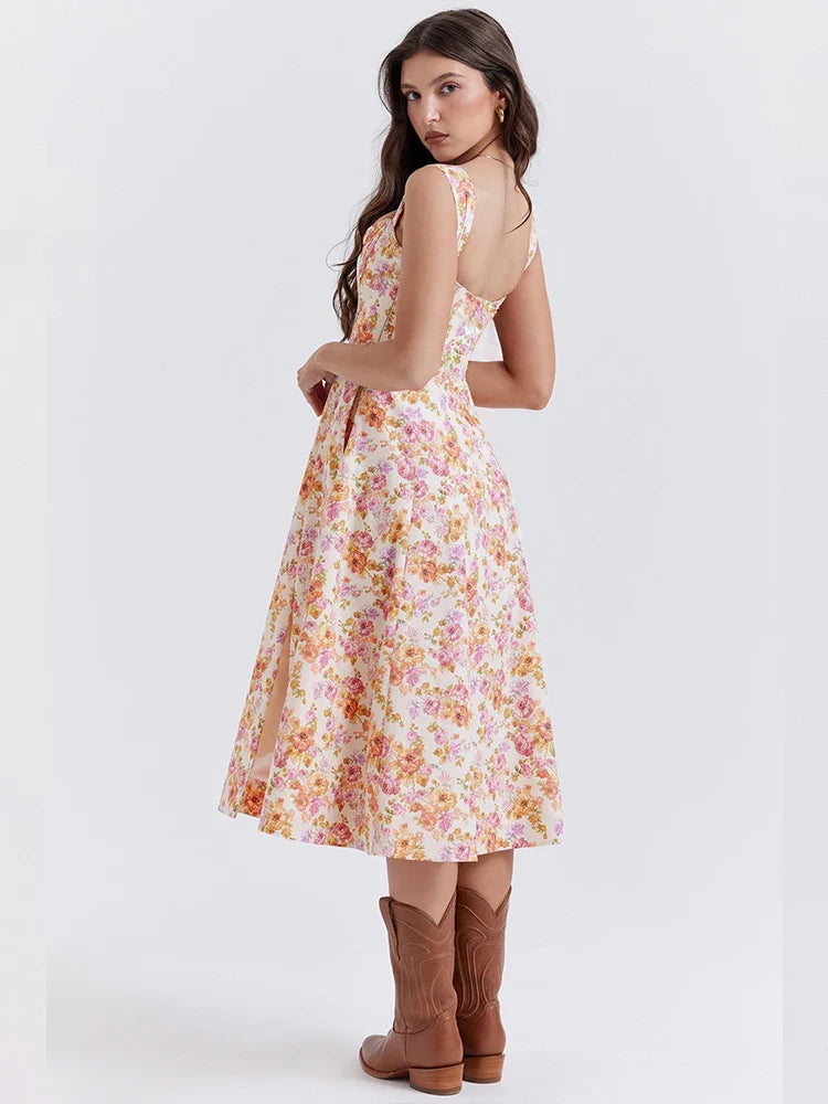 Split Printed A Line Strap Elegant Midi Dress