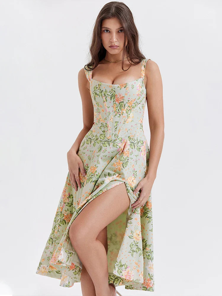 Split Printed A Line Strap Elegant Midi Dress