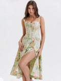Split Printed A Line Strap Elegant Midi Dress