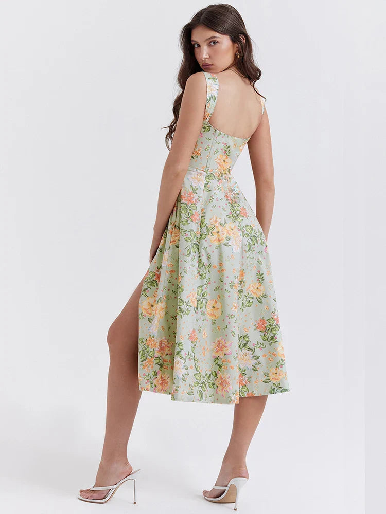 Split Printed A Line Strap Elegant Midi Dress
