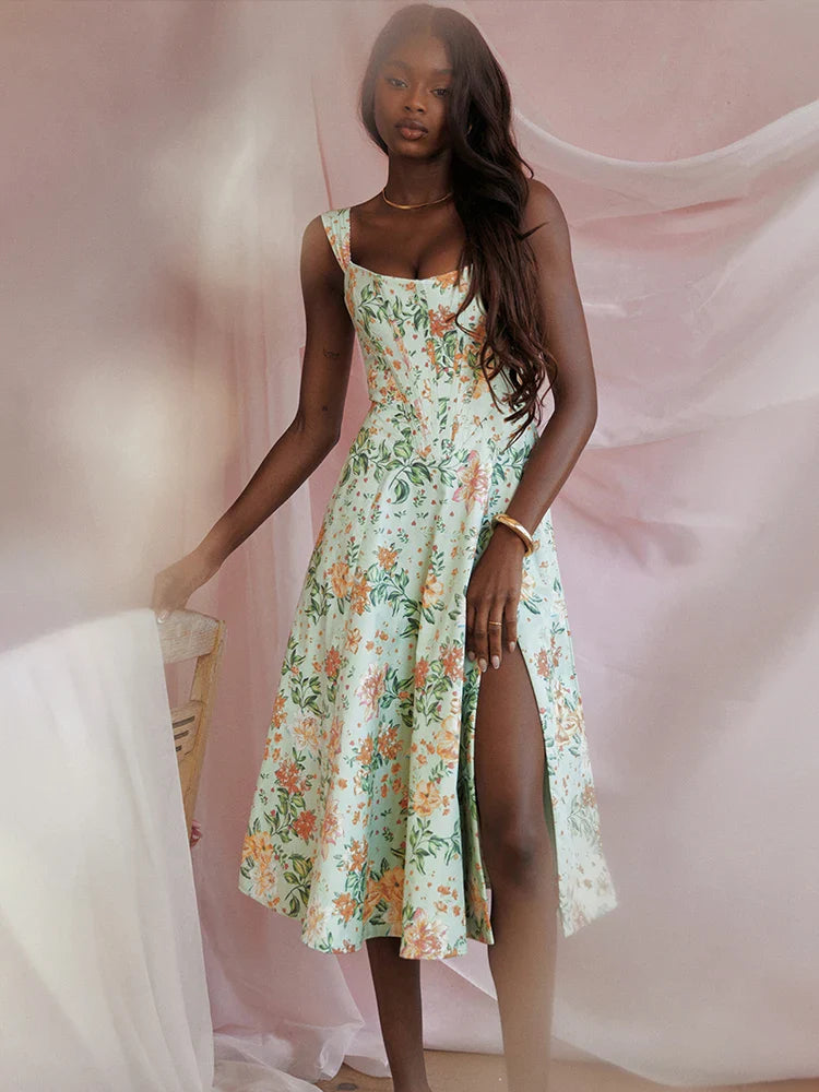 Split Printed A Line Strap Elegant Midi Dress