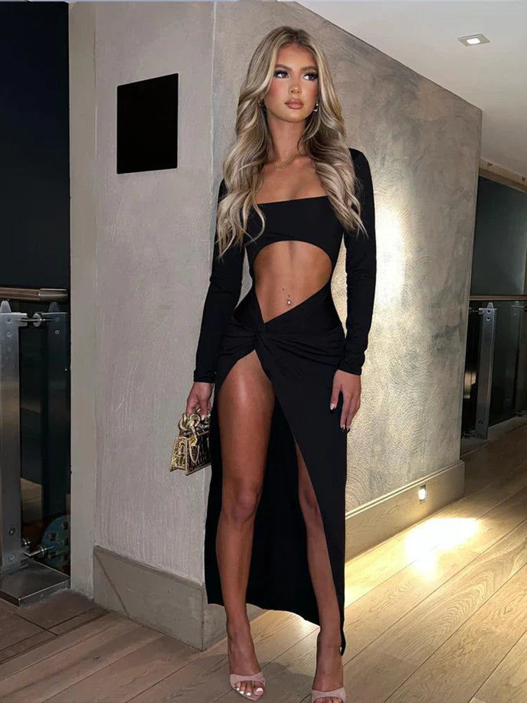 Hollow Out High Split Slim Long Sleeve Party Maxi Dress