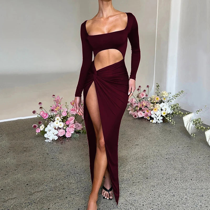 Hollow Out High Split Slim Long Sleeve Party Maxi Dress