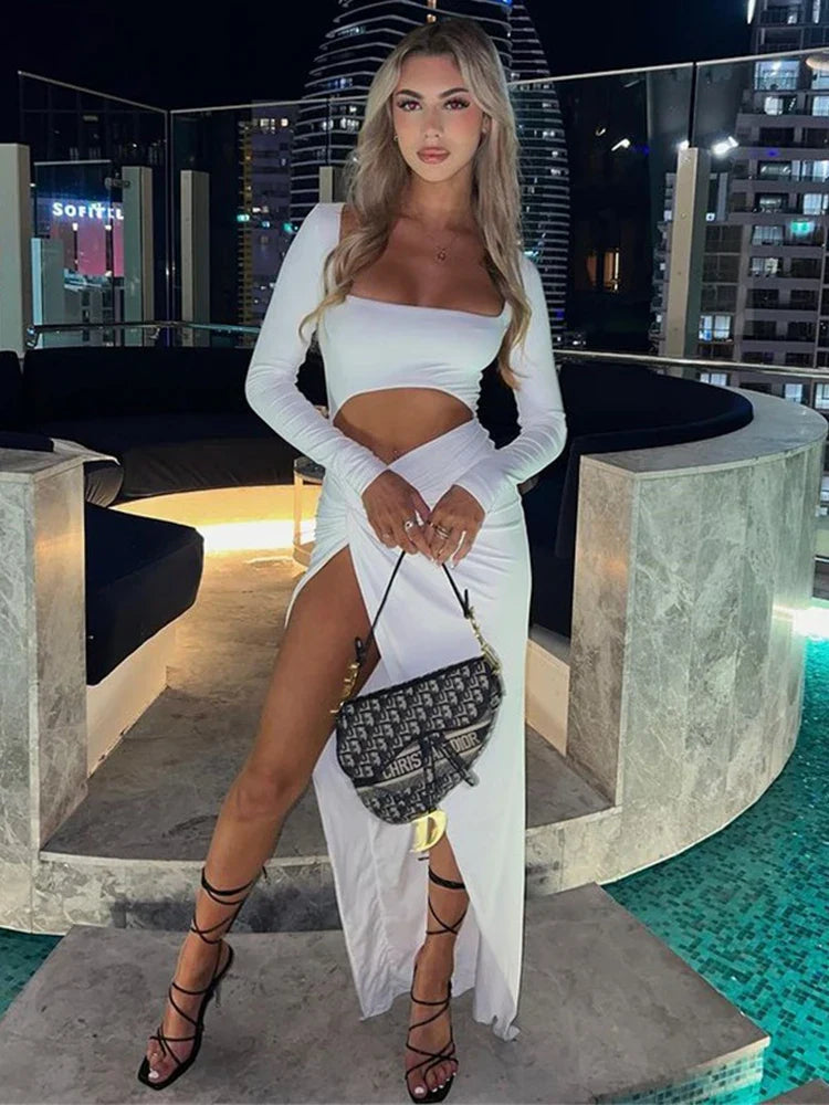 Hollow Out High Split Slim Long Sleeve Party Maxi Dress