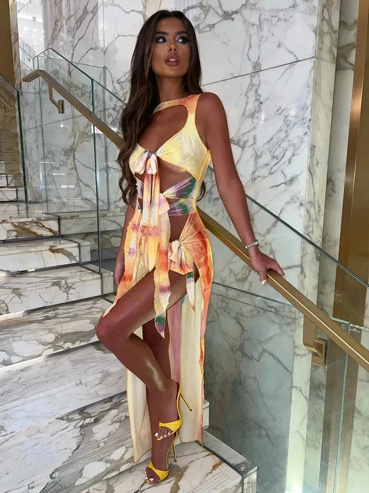 Hollow Out Split Bandage Gradient Spring Maxi Dress