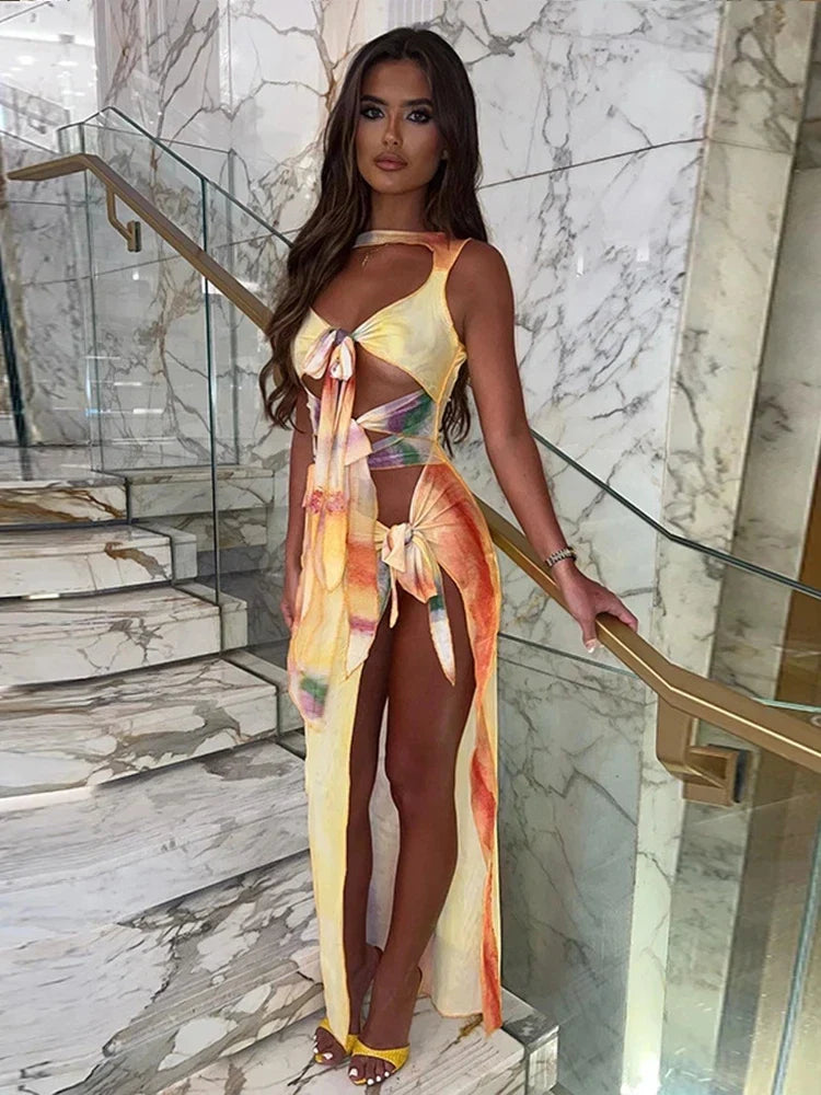 Hollow Out Split Bandage Gradient Spring Maxi Dress