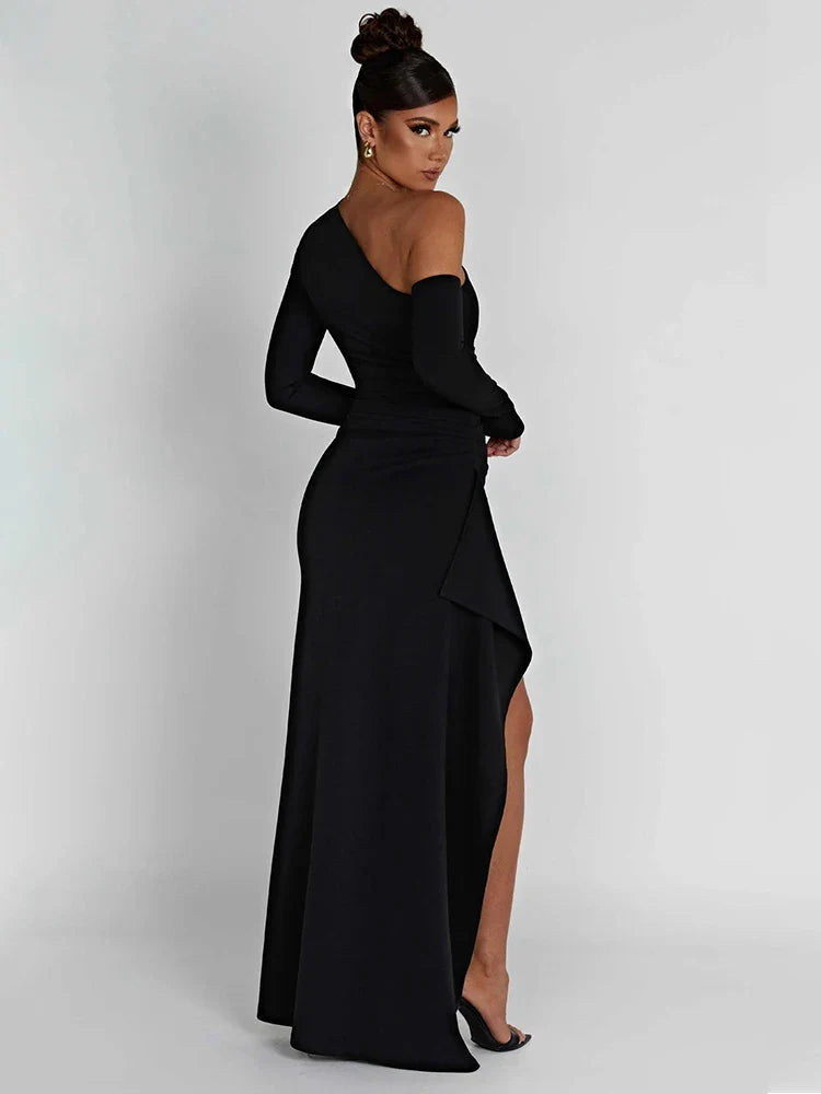Inclined Shoulder High Split Slim Bodycon Autumn Maxi Dress