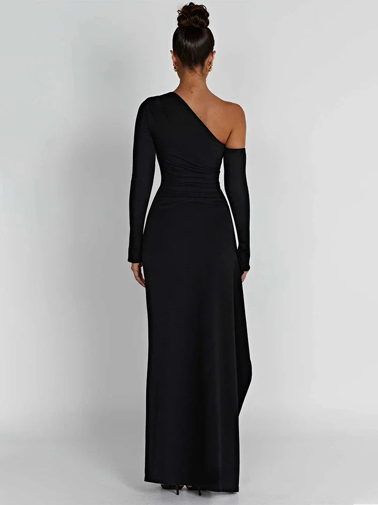 Inclined Shoulder High Split Slim Bodycon Autumn Maxi Dress