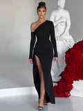 Inclined Shoulder High Split Slim Bodycon Autumn Maxi Dress