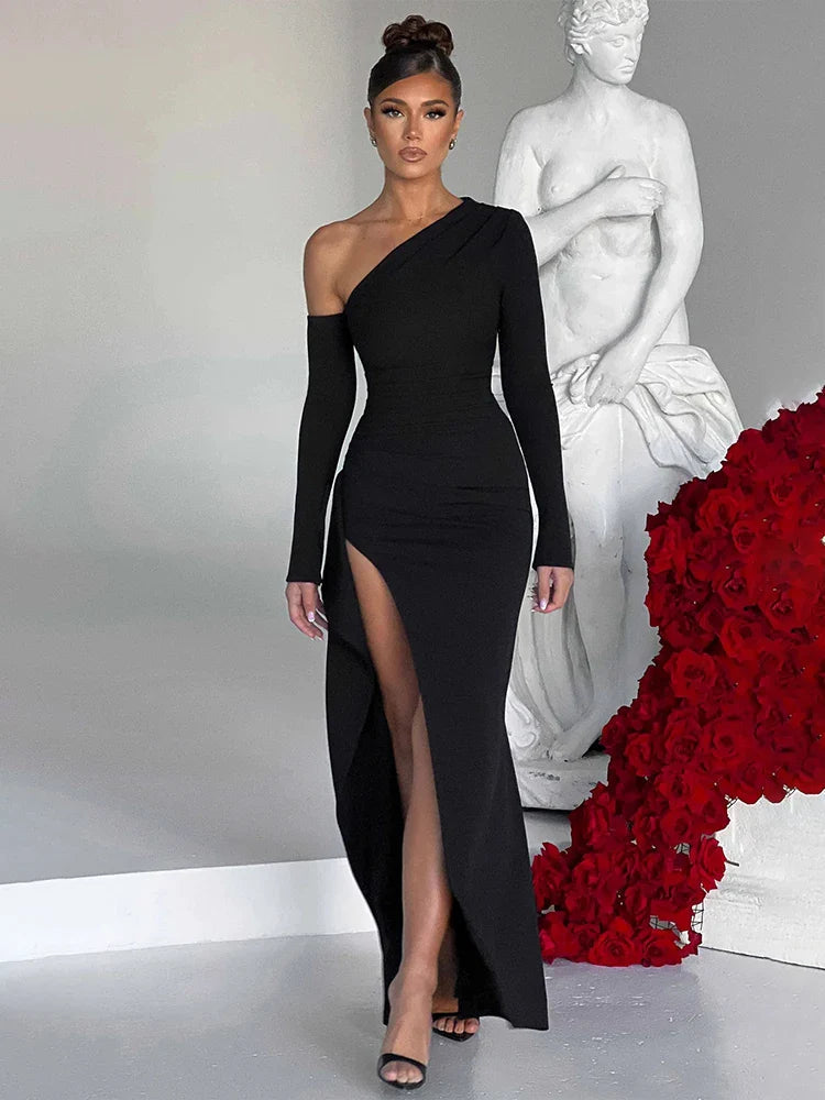 Inclined Shoulder High Split Slim Bodycon Autumn Maxi Dress