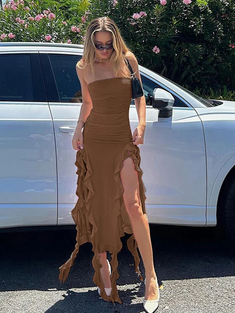 Ruffled Backless Strapless Slim Bodycon Midi Dress