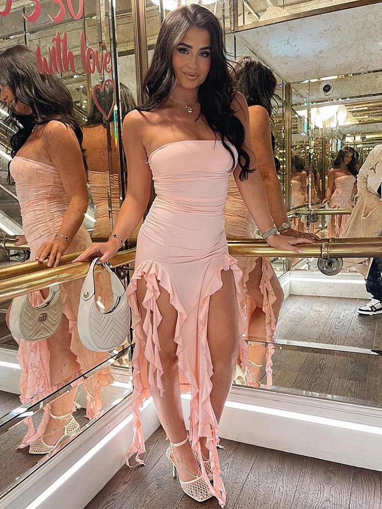 Ruffled Backless Strapless Slim Bodycon Midi Dress