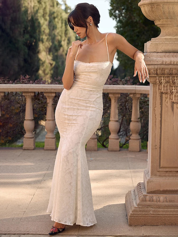 Jacquard Slim Bodycon Spaghetti Strap Backless Maxi Dress