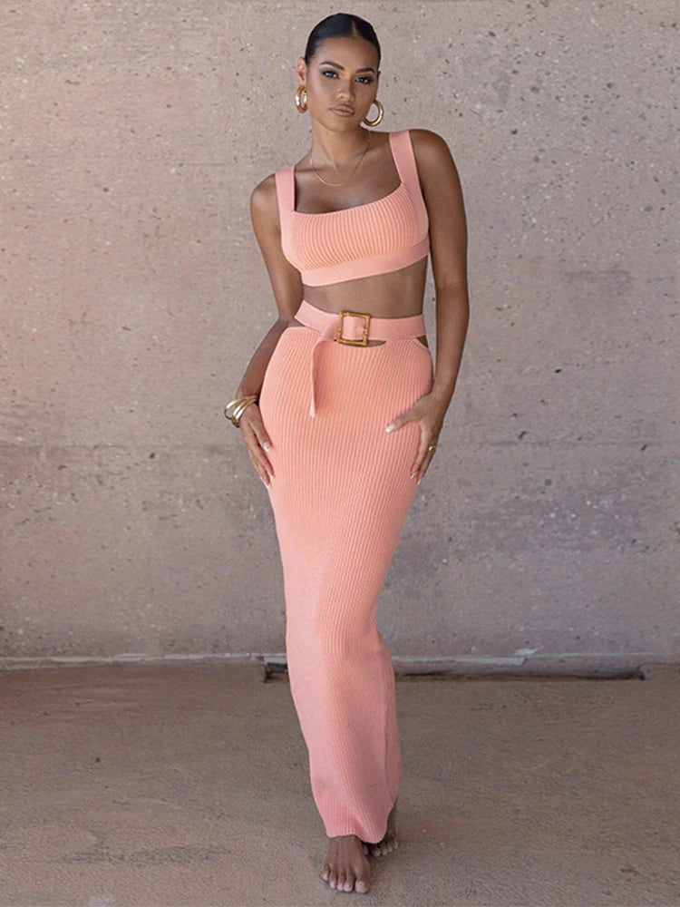 Knitted Crop Top Slim Summer Two Piece Maxi Dress
