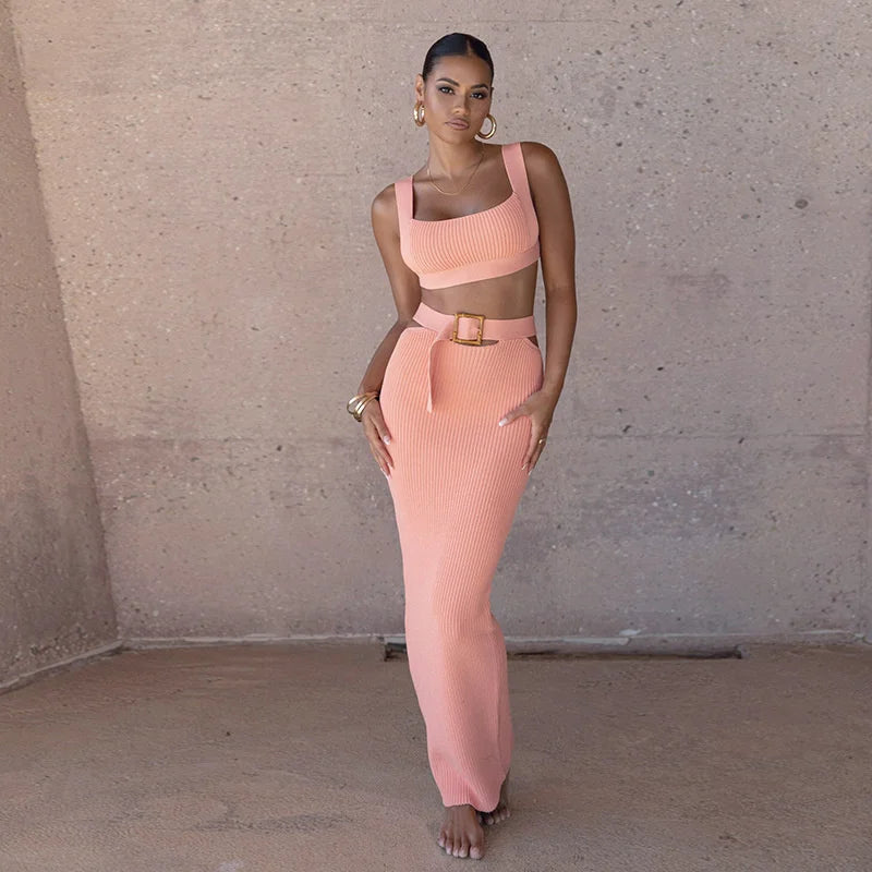 Knitted Crop Top Slim Summer Two Piece Maxi Dress