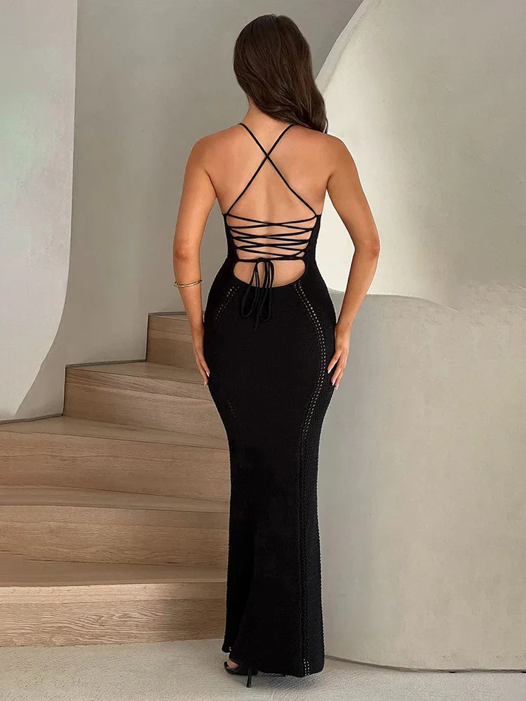 Knitted Bodycon Spaghetti Strap Backless Spring Summer Maxi Dress
