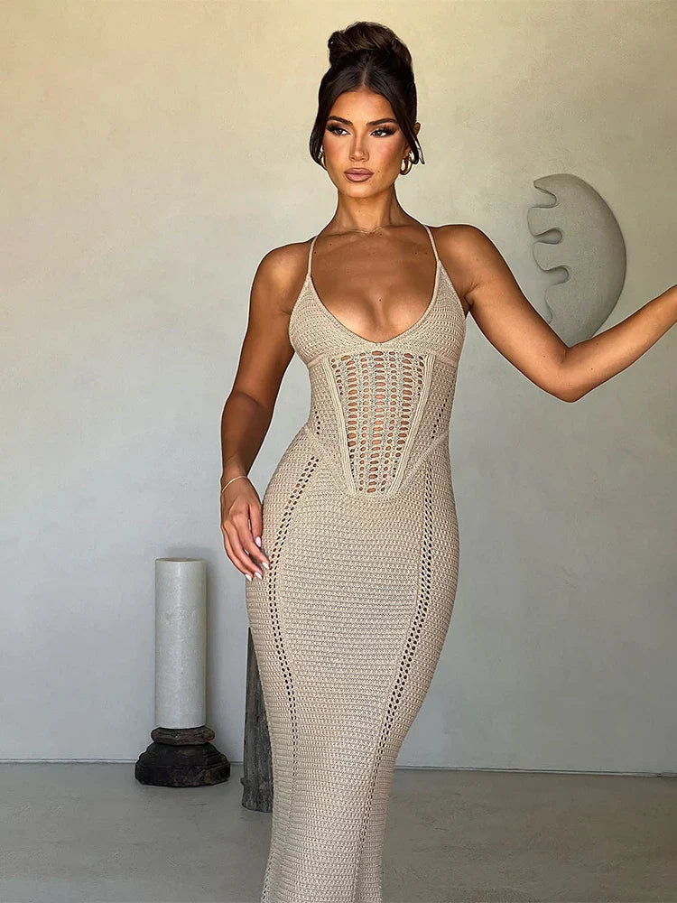 Knitted Bodycon Spaghetti Strap Backless Spring Summer Maxi Dress